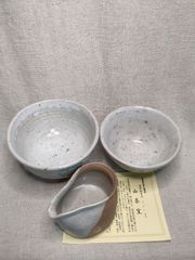 斑茶碗刷毛目茶碗タレ入れ３点セット　唐津焼　飯碗　汁碗　抹茶碗　ドレッシング入れ　ソース入れ　食器　石ハゼ茶碗