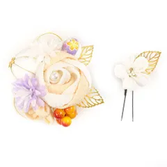 髪飾り 成人式 水引 つまみ細工 振袖 前撮り 袴 花 2点セット 花 椿 バラ 菊 牡丹 白 薄紫 ゴールド ちりめん 玉飾り パール No.12-0229