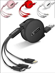巻き取り式 3in1 充電ケーブル 同時充電可 データ転送 1.2m 5種類