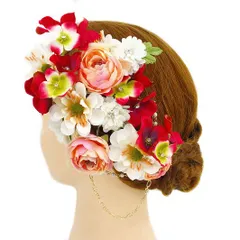 髪飾り 成人式 赤 振袖 前撮り 袴 花 浴衣 夏祭り 花火大会 3点セット ピンク 白 パール チェーン 豪華 ヘアアクセ かんざし No.9-3290