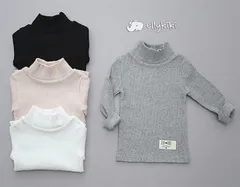 韓国子供服 ストレッチタートルリブカットソー スリム 長袖 キッズトップス ブラック グレー アイボリー