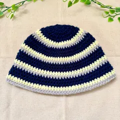 AW-13 秋冬用 クラッシャーハット バケットハット アクリル 男女兼用 ハンドメイド　手編み クロシェハット ネイビーXレモンイエローXグレー