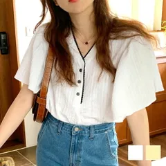 フレアスリーブVネックブラウス レディース トップス シャツ 半袖 春 夏服 韓国ファッション 10代 20代 30代 オフィスカジュアル ボリューム袖 フリル 釦