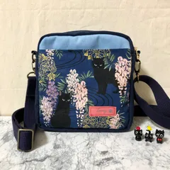 ★セール品(現品限り) 2WAY猫柄ミニショルダーバッグ 黒猫と藤の花 ネイビー 猫柄内ポケット付き ハンドメイド レディース ポーチ ボディバッグ 帆布バッグ