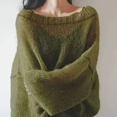 ドルマン バルーン袖 ニット シアーセーター ゆったり モスグリーン