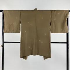 羽織 身丈91.5cm 裄丈66cm M 花 地紋 金銀糸 茶緑色 正絹 秀品 【中古】