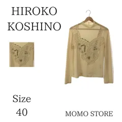 HIROKO KOSHINO ヒロココシノ トップス Tシャツ カットソー 長袖 モックネック シアー フロント飾り縫い 襟シフォン レディース アシンメトリー柄 ベージュ 40 日本製