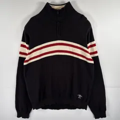 古着 トミーヒルフィガー TOMMY HILFIGER コットンニットセーター ハーフジップ ボーダー リブ襟 裾ワンポイント刺繍 大きいサイズ XXL  ブラック メンズ