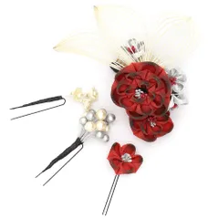 髪飾り 成人式 つまみ細工 赤 振袖 前撮り 袴 4点セット 花 シルバー 灰色 白 ちりめん パール ビーズ リーフ ユニーク 個性的 No.12-0505