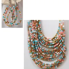 MyStyle 多重ビーズネックレス&ピアスセット ミックスカラー（ピンク、ブルー、ゴールド）