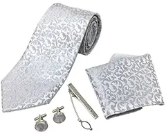 Banane D'or ネクタイ 4点セット カフスボタン ネクタイピン チーフ フォーマル 冠婚葬祭(シルバー A)