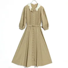 【美品】ピンクハウス★ドット柄パフスリーブワンピース レトロ可愛い♪ レース衿デザイン 薄ブラウン系 z15619