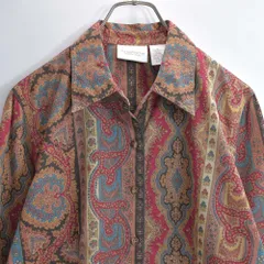 90s LIZ CLAIBORNE リズ・クレイボーン ペイズリー ストライプ 総柄デザイン 長袖 コットンシャツ ブラウス アート柄 レトロ エスニック ヴィンテージ ライトブラウン ビンテージ アメリカ古着 レディース XS〜相当