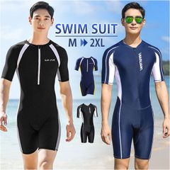 ☆ 2XL ☆ Men's Fitness Swimsuit, One-Piece Fitness Swimsuit, All-in-One, Short-Sleeved, Men's Competitive Swimsuit, Swimwear, Sports Swimsuit, Swimming, Knee-Length, Zip-Up, Stretchy, Simple, Training, Gym, Practice, Beach, Pool