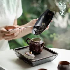 竹製 鬼山作 細工彫『達磨図』茶合 茶量 仙媒 在銘/ 煎茶道具