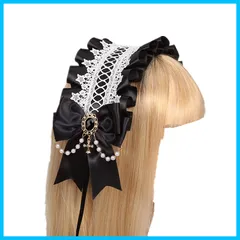 【人気商品】ヘッドドレス ロリータ ゴスロリ カチューシャ かわいい レース リボン チャーム付き ヘアバンド 髪飾り ヘアアクセサリー メイド風 コスプレ パーティー (ブラック)