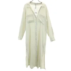 ZARA ザラ リネン 長袖 スキッパー ロング シャツワンピース M カーキ ロールアップ レディース 古着