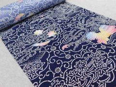 両面染め 浴衣反物 綿結城 長板藍染め 初山一之介作 鯉の滝登り 菊花舞