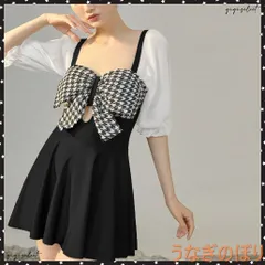 千鳥格子 ワンピース水着 パフスリーブ胸元リボン スイムウェア 大人可愛い ショートパンツ 2点セット 露出控えめ水着 海水浴 細見せ水着 日焼け対策水着体型カバー半袖水着 盛れるリゾート水着 切り替えワンピ水着