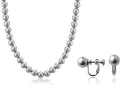 aniva・organic(アニバ・オーガニック) 人工真珠 ナチュラル パールネックレス 冠婚葬祭 日本製( グレー・イヤリングセット,  ［02］ 全長42cm)