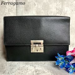 ✨良品✨ Salvatore Ferragamo サルヴァトーレフェラガモ クラッチバッグ セカンドバッグ ハンドバッグ シルバー金具 ロゴ型押し レザー レディース メンズ ブラック 黒色