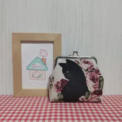 がま口(黒猫ちゃんと薔薇＊ホワイト)