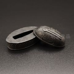 AFH07　日本刀装具　縁頭　仏字の図　鋼製　絵金銀　刀剣美術　武道具　居合　現代品