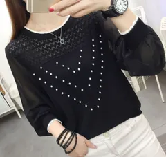 【ブラック】レディース ニット パール ブラウス ドッキング 長袖 上品 フェミニン シアー袖 スリーブ パール付き トップス おしゃれ バイカラー リブ 春秋用 大人かわいい