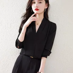 ブラウス レディース 長袖 オフィス vネック tシャツ シャツ トップス 無地 春夏 プルオーバー カジュアル おしゃれ 通勤 スーツ インナー カットソー フォーマル きれいめ シフォン 涼しい 母 ママ S M L XL XXL  alimm01