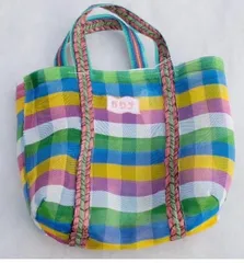 台湾バッグ　漁師網バッグ　刺繍 「サウナ」 カラフルチェック柄　サウナ　銭湯　用バッグに最適！！コーヒーを入れてプレゼントにしても素敵です。
