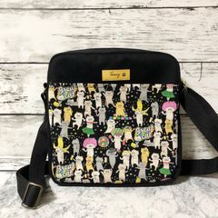 ★セール品(現品限り) 猫柄ミニショルダーバッグ パーリーにゃんこ ブラック 内ポケット付き ハンドメイド  メンズ レディース ボディバッグ ポシェット