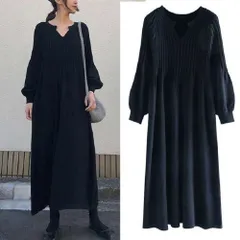 ☆ ブラック ☆ ワンピース レディース Vネック 秋 冬 おしゃれ fz117 ワンピース レディース ニット きれいめ ワンピ 長袖 プリーツ パフスリーブ Vネック ロング丈 マキシ丈 体型カバー 無地 着回し リブニット ハイウエスト 秋 春 冬
