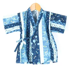 くろわっさんすべべ セットアップ 上下セット 甚平 じんべい 和柄 未使用品 キッズ 男の子用 95サイズ 青×水色 croissant bebe 【中古】