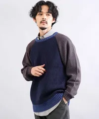 新品 未使用 JIGGYS SHOP(ジギーズショップ)配色 ローゲージラグランリブ編みニットセーター 217587 ネイビー