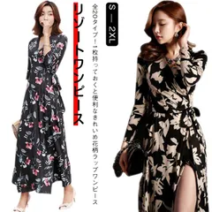 リゾートワンピース カシュクール ワンピース ラップワンピース ロング丈 七分袖 Vネック 美脚 ラップドレス ストレッチ きれいめ 大人 女性 花柄 エスニック Ａライン スリット 旅行 ハワイ ジ#kym940