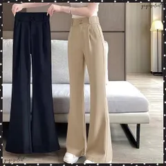 セミフレアワイドパンツ スラックスパンツ ハイウエスト ダブルボタン タックボトムス 美脚脚長ロングパンツ 着やせストレートパンツ お洒落楽ちんイージーパンツ春秋 無地パンツ 細見え 体型カバー長ズボン バックウエストゴム