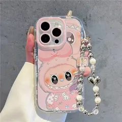 スマホケース　ラブブLabubu　グリーン　ピンク　ストラップ付き　iPhone対応　アイフォンケース　iPhone16pro/15/15pro/15pro max/14/14pr