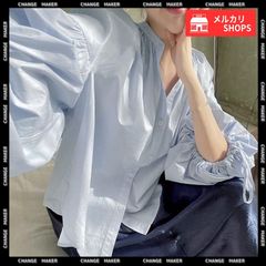 ランタンスリーブ シャツブラウス レディース ぽわん袖 ブラウス きれいめ ドロップショルダー トップス 着やせ 大人可愛い スキッパーシャツ おしゃれ 韓国風 春夏 ゆったり 体型カバー ボリューム袖 リボン ドローストリング袖 CH2DAIWEI-004