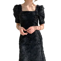 [Takusan Shopping] タイトドレス スクエアネック レディース ワンピース フェザードレス パフスリーブワンピース 結婚式 キャバ嬢 ドレス (JP, アルファベット, L, ブラック) [ブラック] [L]