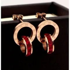 ピアス レディース ピンクゴールド ローマ数字 レッド リング 2連 316L