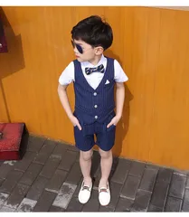 キッズ 夏フォーマルスーツストライプ ネイビー 結婚式 発表会 4点【158】