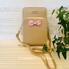 かわいいリボンの スマホ お財布 ショルダーバッグ ポーチ ケース 携帯 ウォレットケース スマホポシェット ベージュ