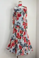 《新品》社交ダンス　華やかバラ柄　ソフトメッシュ　ハイネック　セットアップドレス　衣装