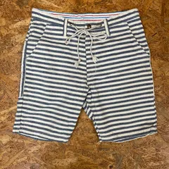 EDWIN ダンガリーショートパンツ L ホワイト×ネイビー パイナップル繊維使用 ボーダー エドウィン メンズ MEN'S 半ズボン ボトムス ユーズド USED 古着