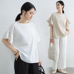Tシャツ レディース 半袖 フレア袖 女性 トップス ゆったり 体型カバー 通気性 無地 丸首 大きいサイズ Uネック 涼しい シンプル 上品 ラウンドネックデザイン 着痩せ ririt509