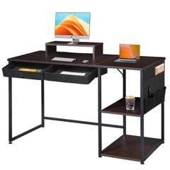 【新着商品】pcデスク 勉強机 パソコンデスクオフィスデスク 幅120cm×奥行55cm YeTom デスク 引き出し付き 勉強机 ラック付きデスク テレワーク ブラウン