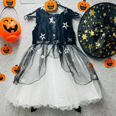 ✨新品✨キッズ ハロウィン クリスマス 魔女 子供 衣装 帽子つき 2点セット 巫女 悪魔 天使 こども バンパイア 吸血鬼 コスチューム ドレス コスプレ 女の子ドレス仮装 変装 パーティー可愛いミニドレス　ブラック　140cm 0923-06