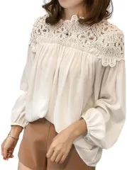 Four leaf フォーリーフ きれいめ ブラウス 肩レース レディース 長袖 おしゃれ 切り替え プルオーバー カットソー トップス シャツ 春 秋 大きいサイズ 通勤(ホワイト,  L)