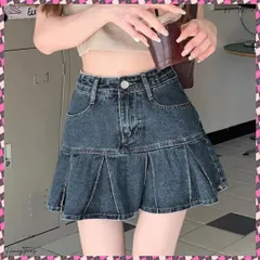プリーツデニムスカートミニスカート韓国風 ハイウエスト フレアスカート レディース Aラインスカート 細見えショートスカート オルチャン ボトムス 大人カジュアル アメカジスカート女 着やせ台形スカート 無地美脚美尻レトロ