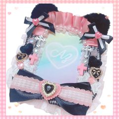 ねこみみトレカケースデコ໒꒱· ﾟ B8ブラックギンガム×ピンクメイド♡〔No.32〕